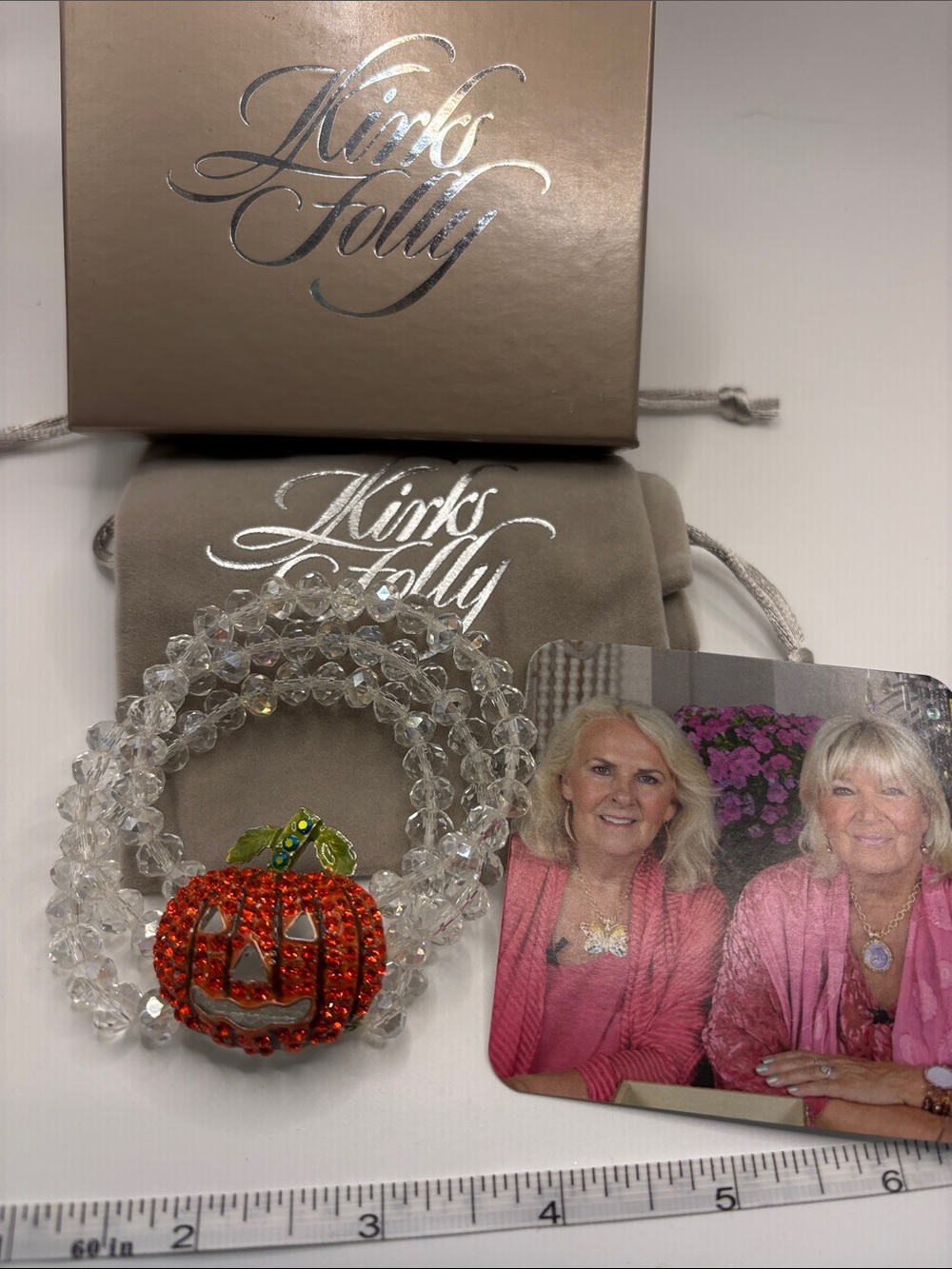 Kirks Folly Crystal Multi Strand Bracelet with Orange Pumpkin and Green Leaf
